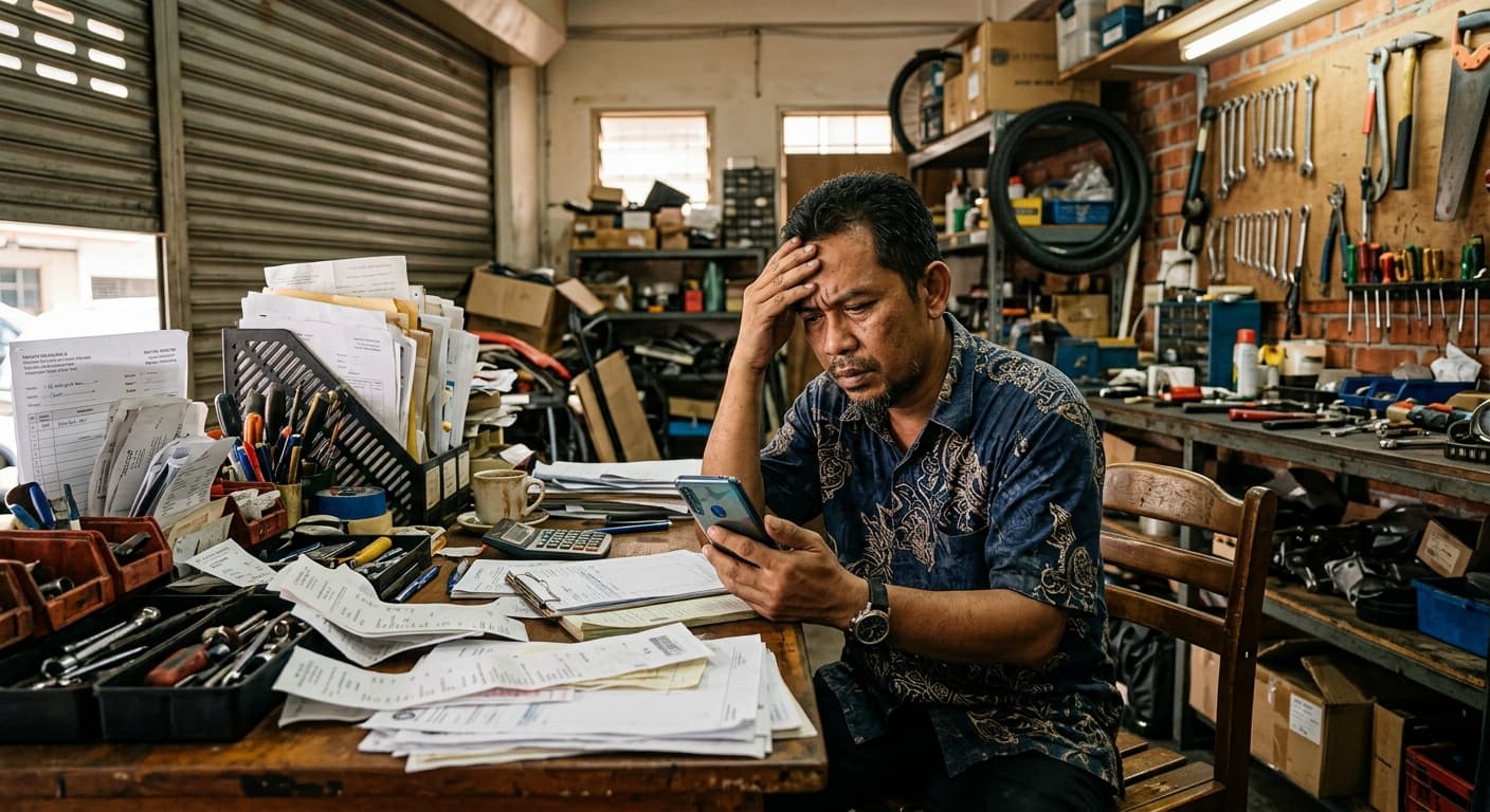 Frustrated Malaysian business owner in his workshop
