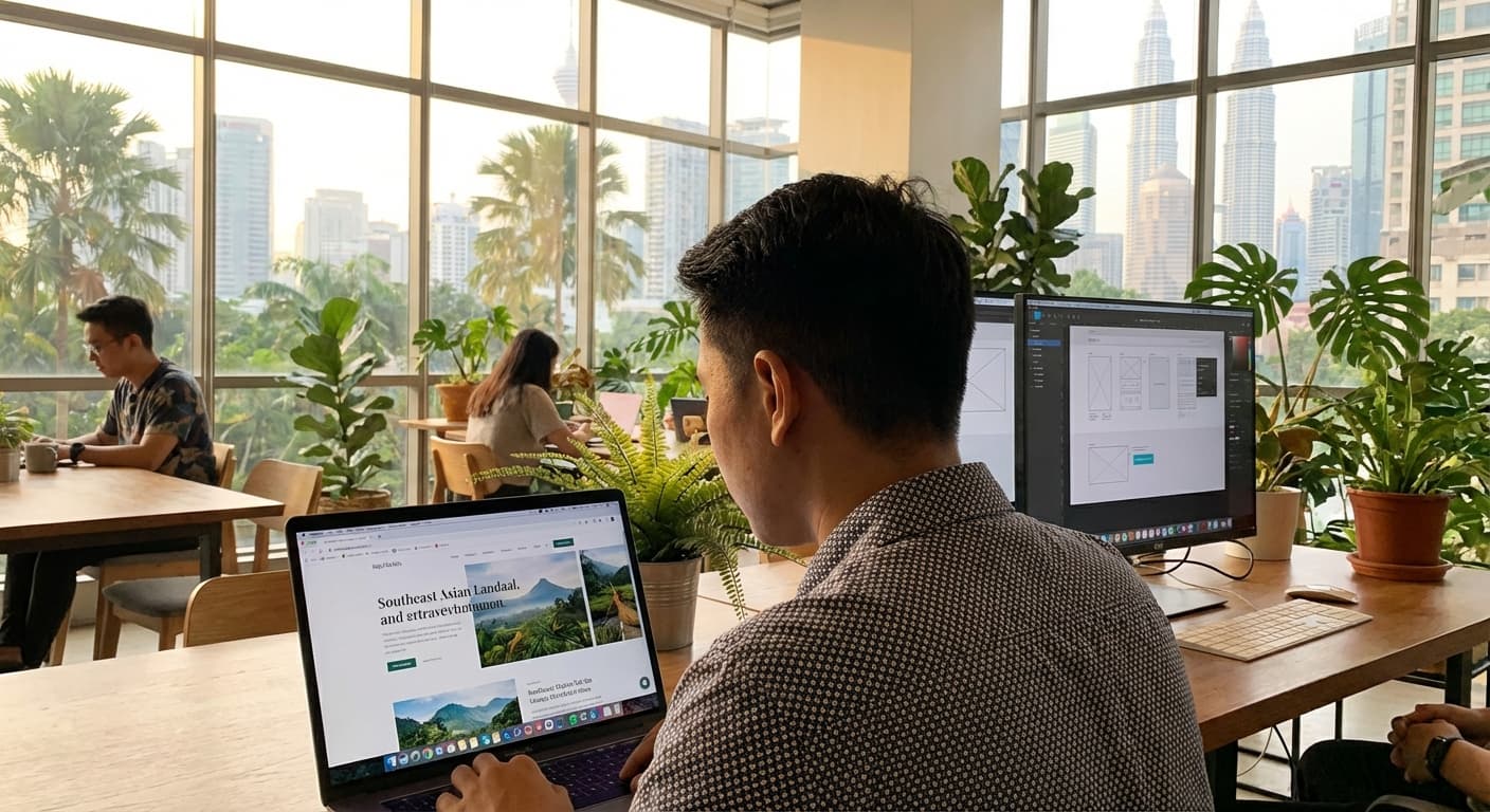 Malaysian web designer working in a modern KL co-working space