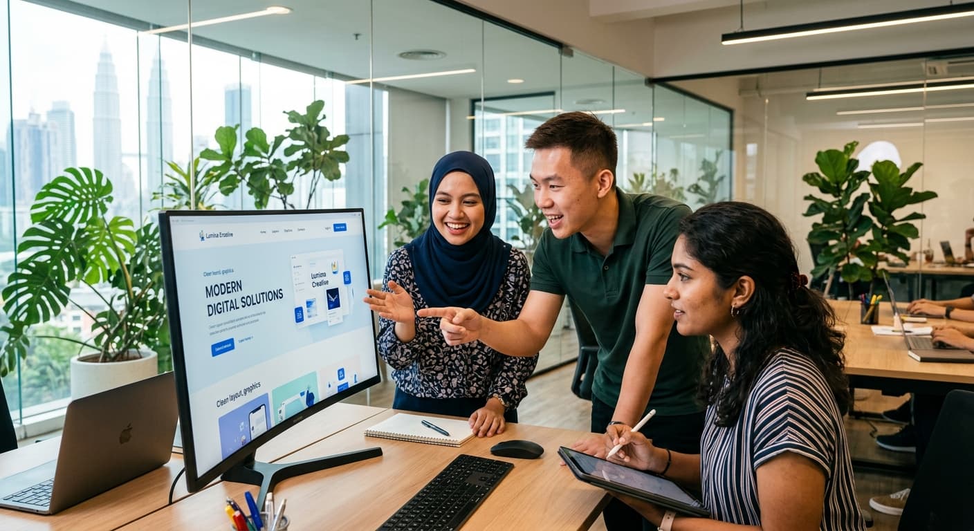 Diverse Malaysian team collaborating on website design