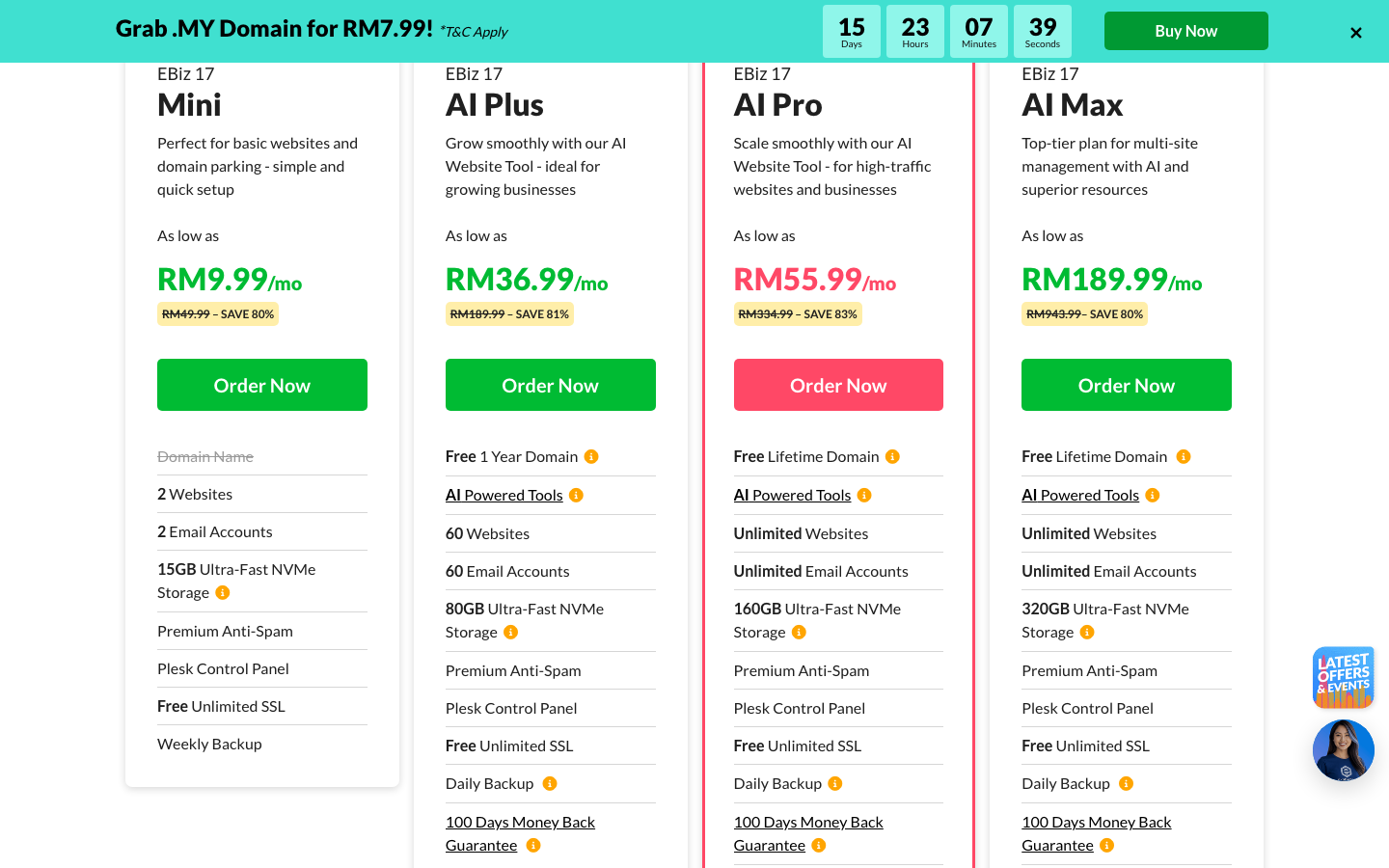 Exabytes business web hosting plan cards showing monthly prices and included features