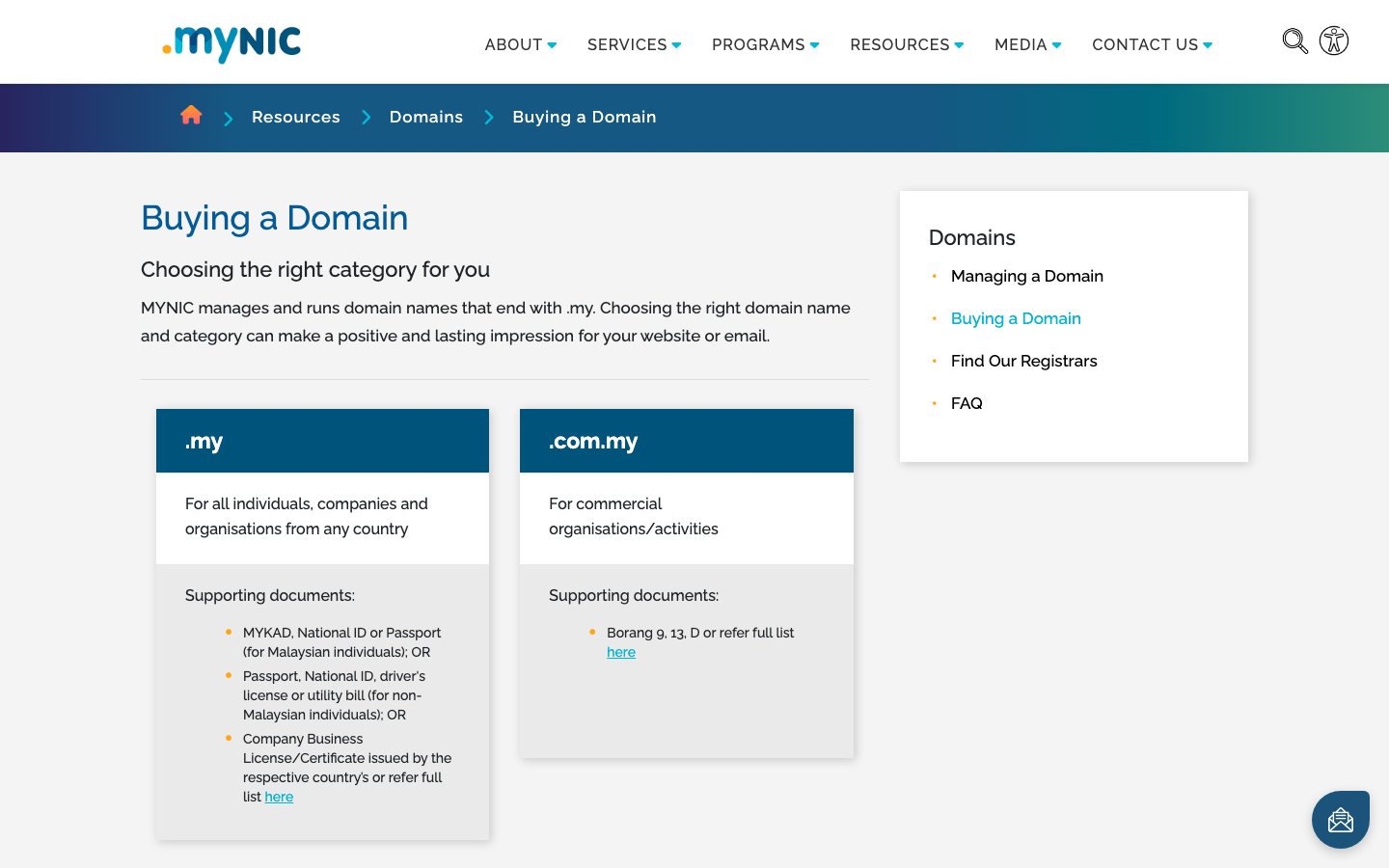 MYNIC Buying a Domain page showing the .my and .com.my categories and their supporting documents