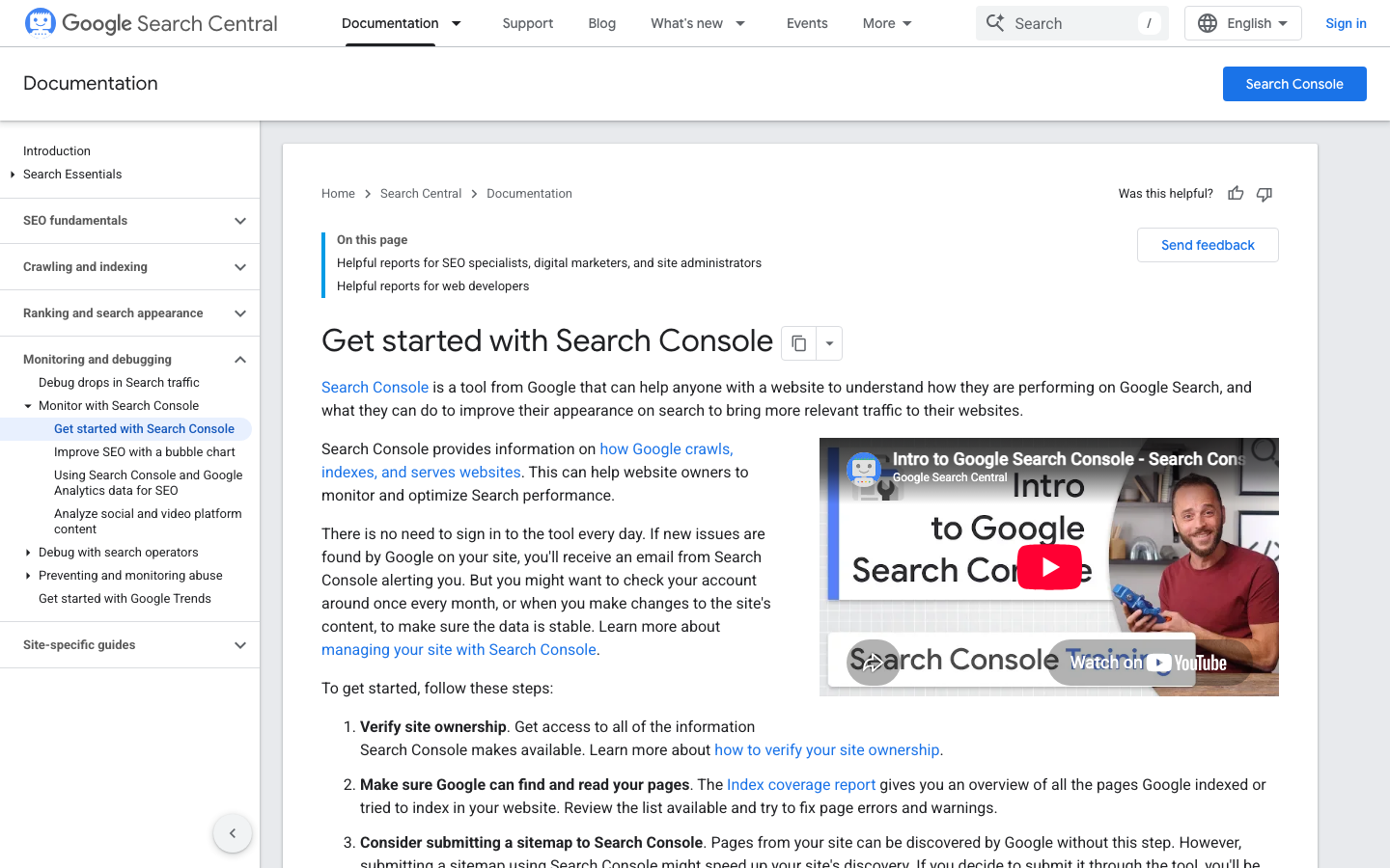 Google Search Central page on getting started with Search Console