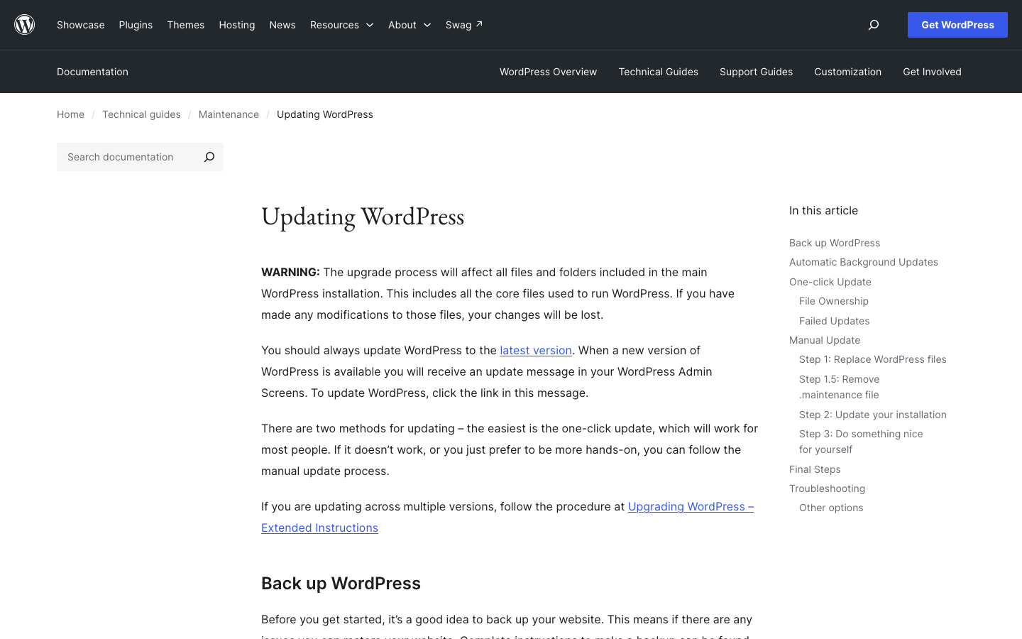 WordPress.org documentation page on updating WordPress