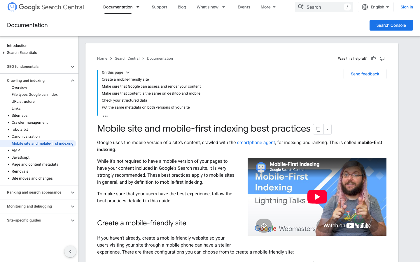 Google Search Central page on mobile site and mobile-first indexing best practices