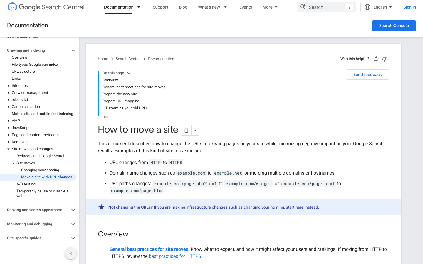 Google Search Central page explaining how to move a site with URL changes